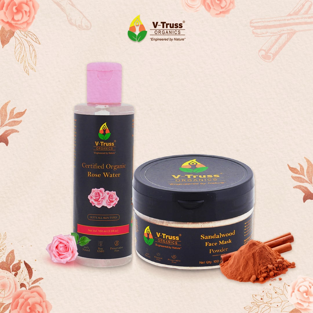 V-Truss Organics Face Combo Pack - Sandalwood Face Mask Powder  with Steam Distilled Rose Water